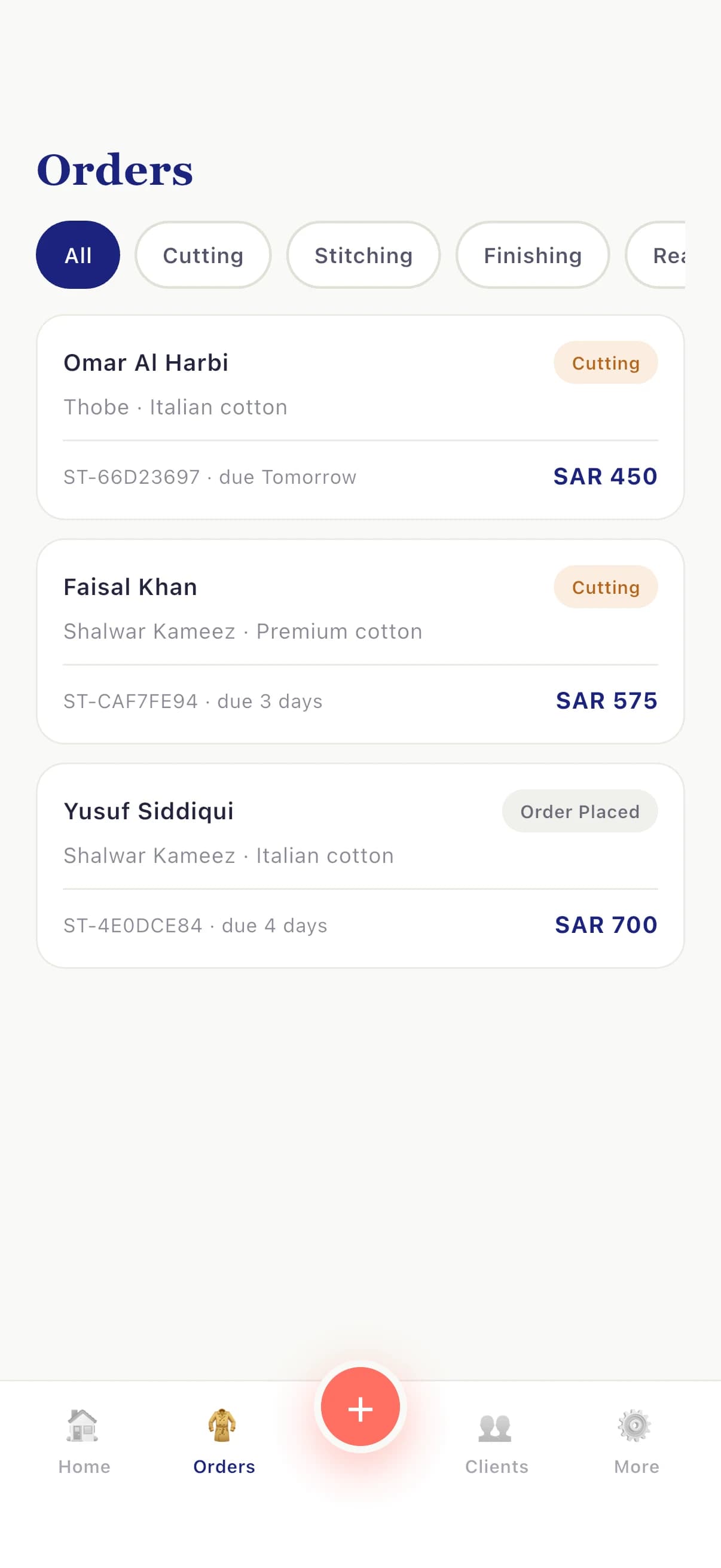 StitchlyOS mobile order dashboard showing active tailoring work